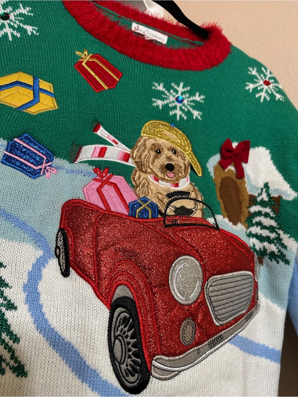 Green Holiday Sweater with Red Glitter Car & Festive Dog Embroidery